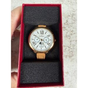 Peugeot Mens Gold Tone Multi Function Moon Phase Watch White Dial Tan Leather